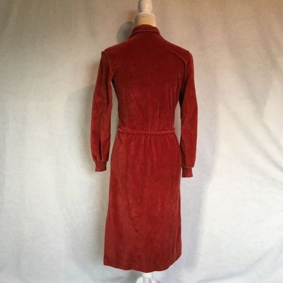 Vintage 70s Rust Orange Velour Dress - Picture 4 of 5
